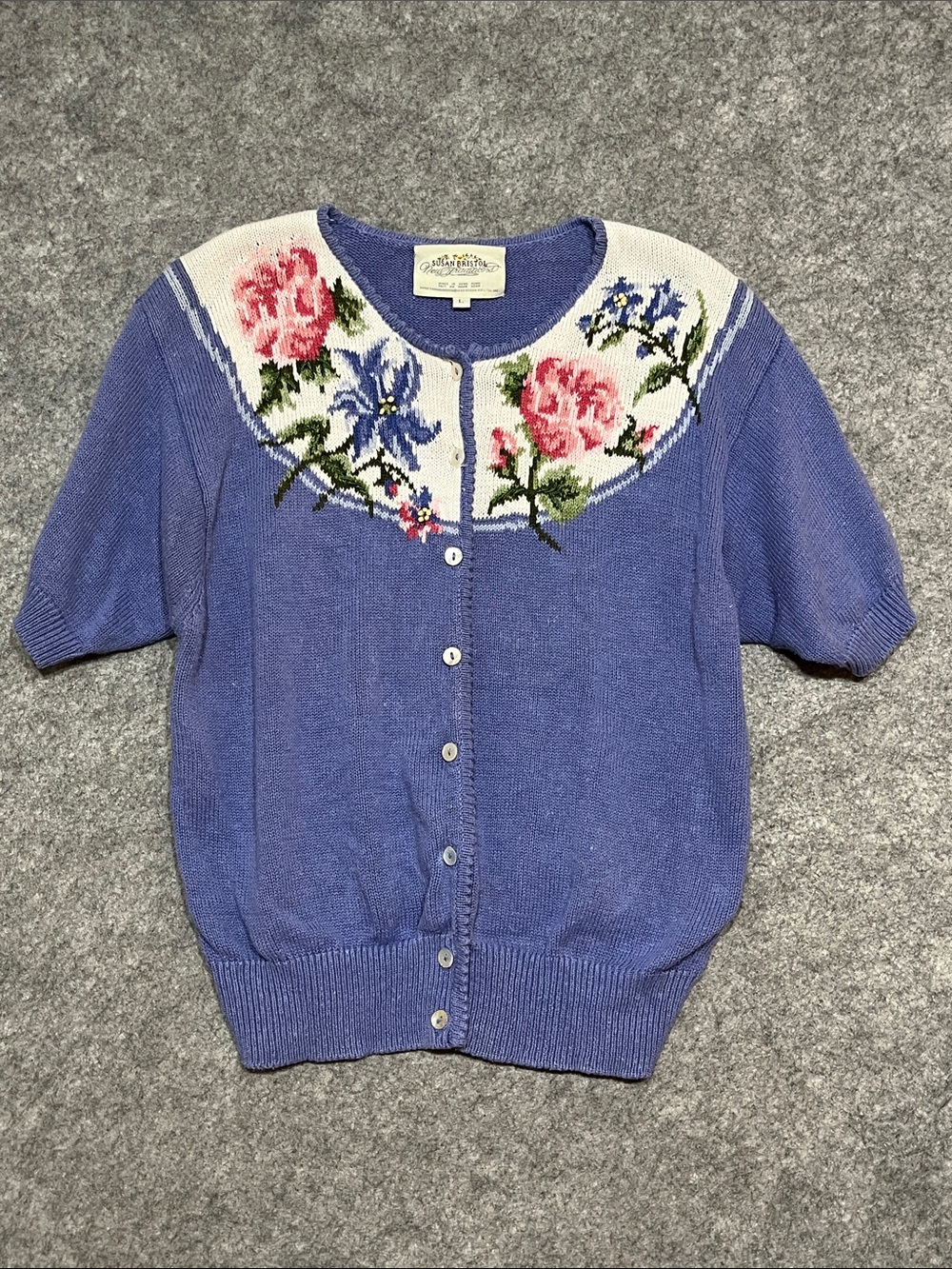 1995 Susan Bristol Lavender Short-Sleeve Cardigan with Cream Floral Yoke